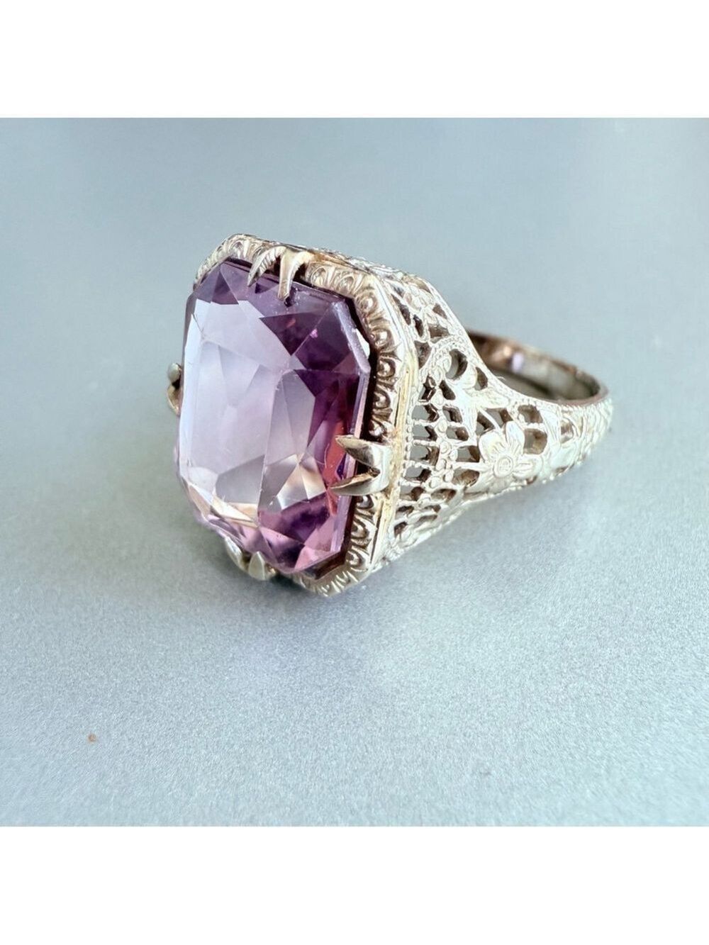 Estate 14K White Gold Antique Art Deco 5 CT Emerald Cut Amethyst Ring - Picture 3 of 13
